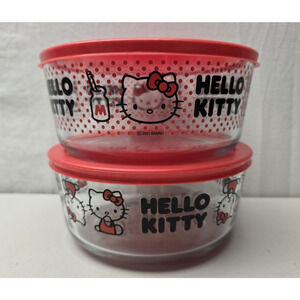 2ct Set Pyrex HELLO KITTY Decorated Food Storage Serving Bowls NICE!